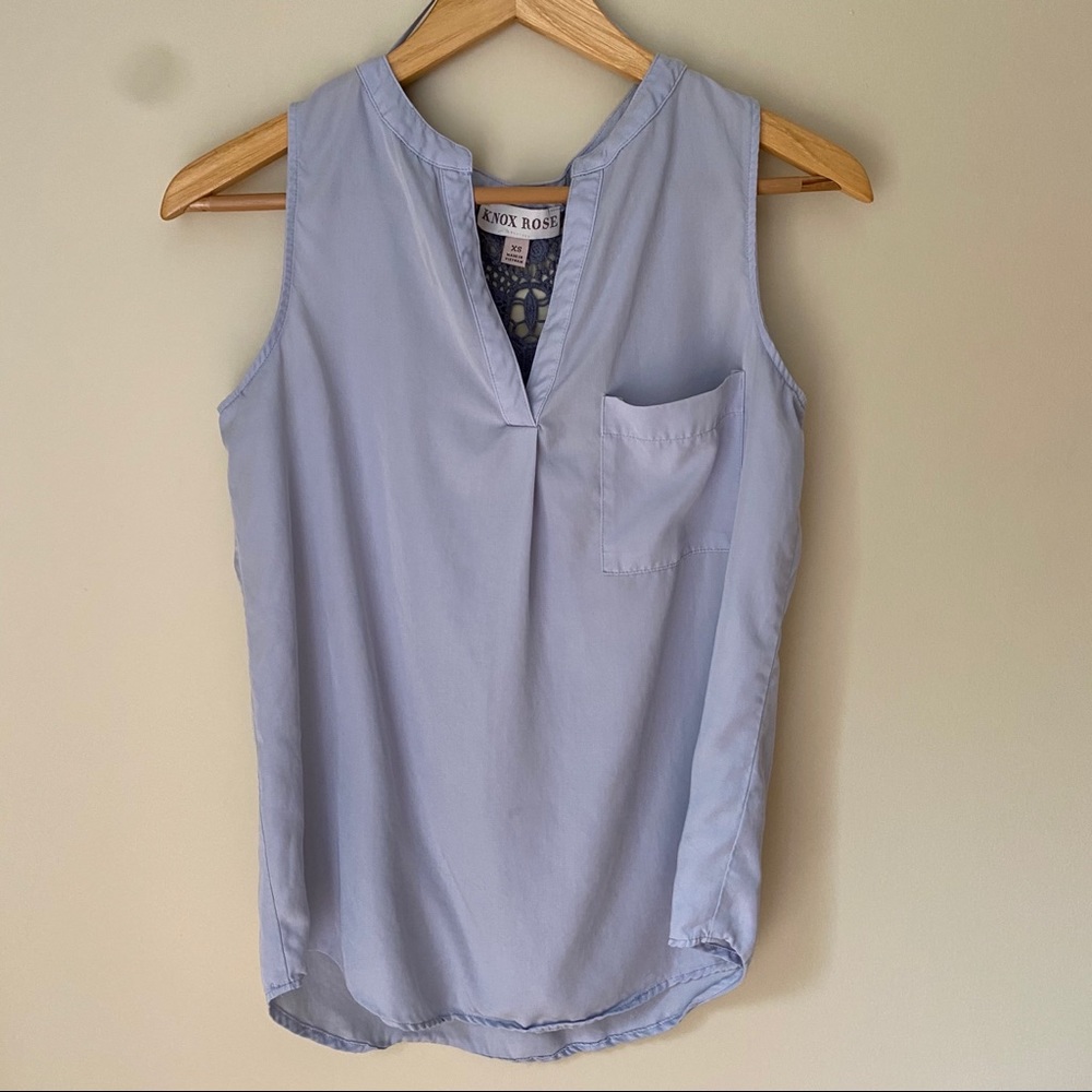 Knox Rose gray blue tank crocheted back